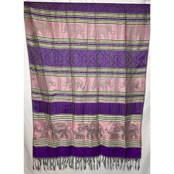 Pashmina Shawl Wrap Scarf Womens Purple Pink Gray w/ Elephant Print fringed ends - Picture 5 of 11